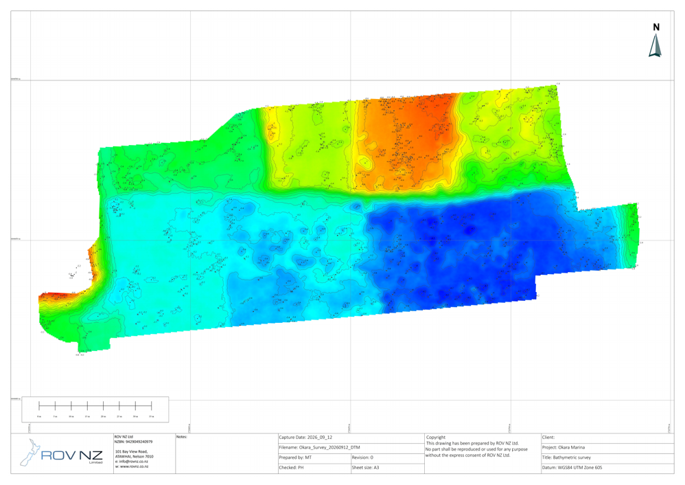 Okara Marina bathymetric drawing with colour-coded depths and contours